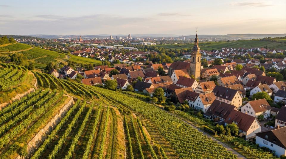 Weinberge über Flein mit Kirchturm, im Hintergrund Heilbronn