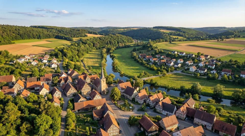 Hardthausen im Kochertal mit Fachwerkhäusern und Kirche am Fluss