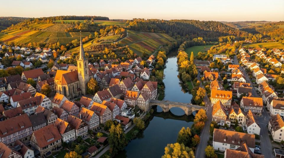 Neuenstadt am Kocher mit Steinbrücke, Kirche und Fachwerkaltstadt