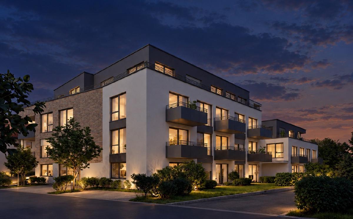 Visualisierung von Campus Living Bad Friedrichshall: Außenansicht in der Abenddämmerung mit beleuchteten Fenstern und Balkonen